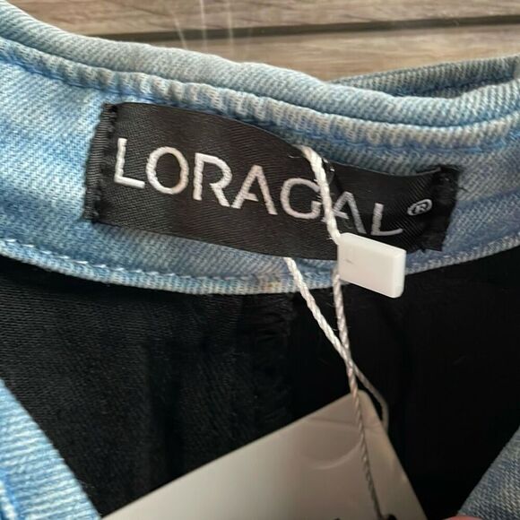 NWT LORAGAL Womens Denim Distressed Romper Shorts 3XL Black Blue Cosmic Cowgirl - Picture 6 of 7